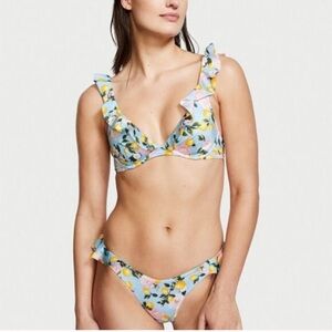 NWT Victoria’s Secret Swim Ruffle Bikini Top Brazilian Bottom Blue Lemon 36DDD/M
